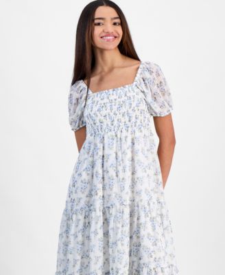 Juniors' Smocked Puff-Sleeve Midi Dress
