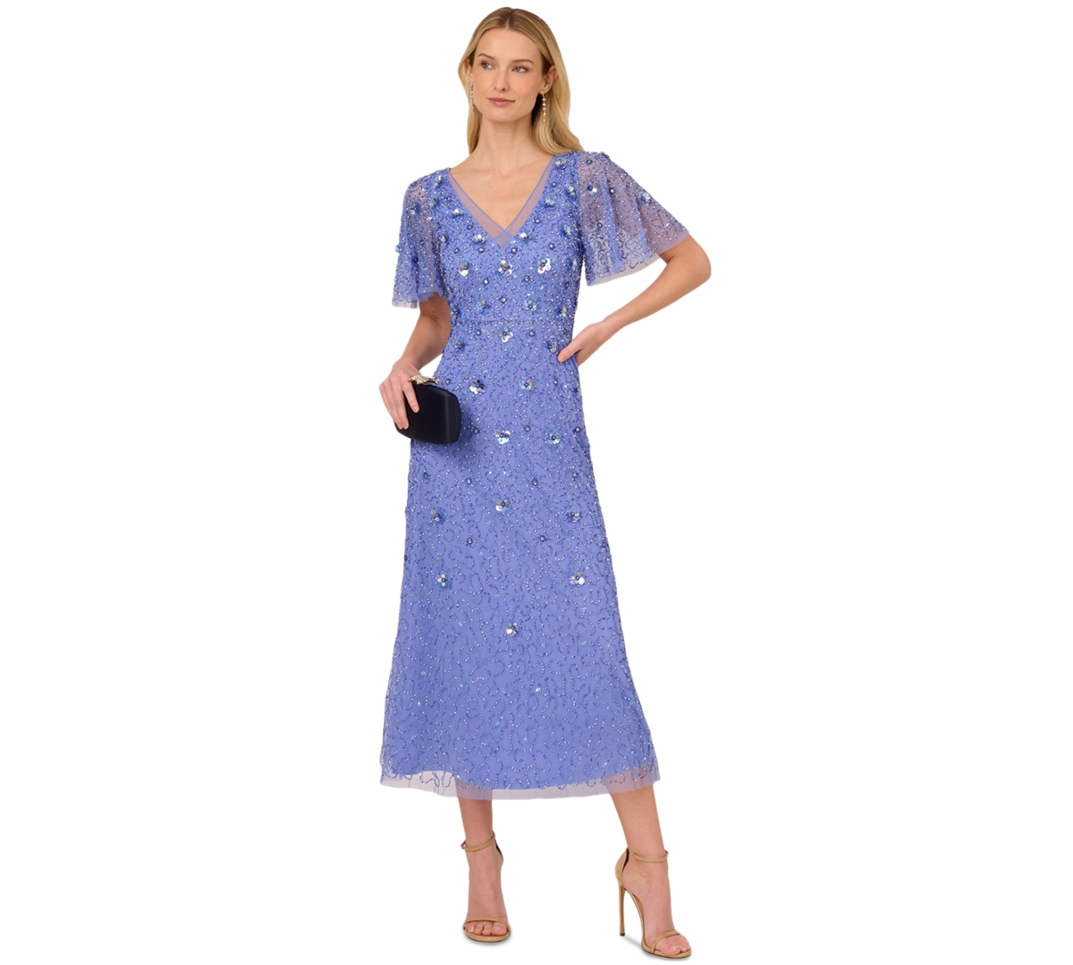Shop Adrianna Papell Women's Bead Mesh Flutter-sleeve Dress In Peri Blue
