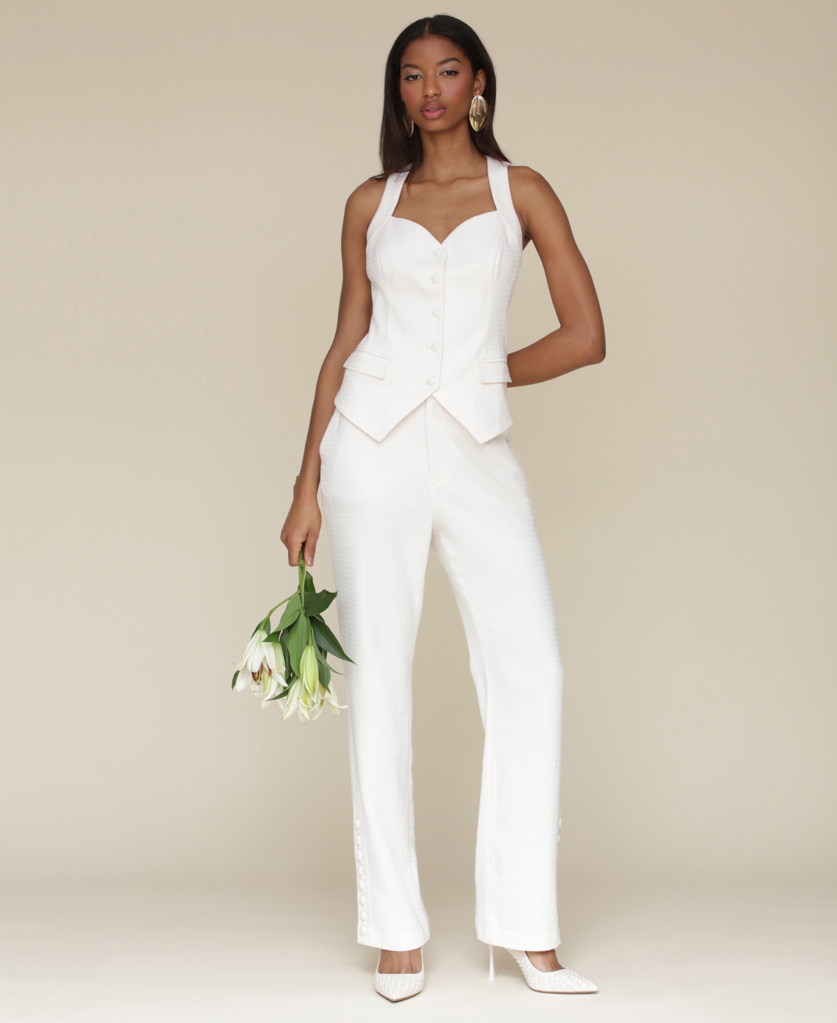 Shop Avec Les Filles Women's Side-button Full-length Trousers In Off White