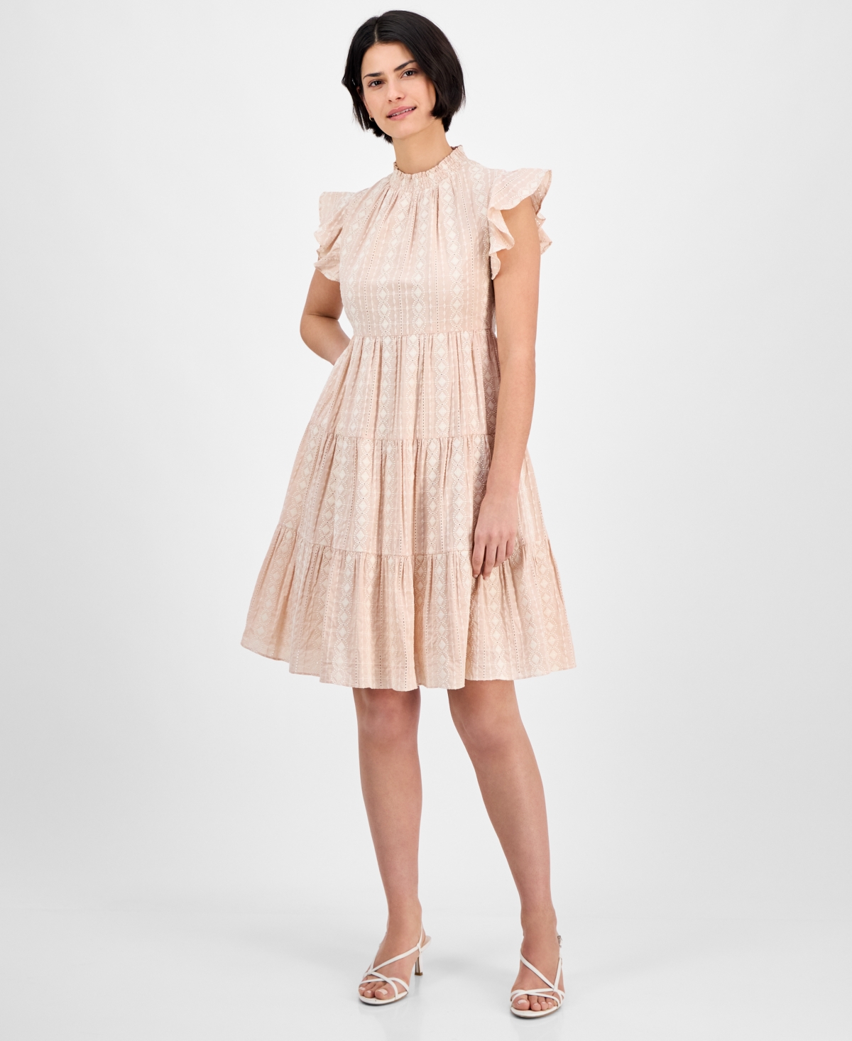 Women's Cotton Embroidered Shift Dress - Beige/ivor
