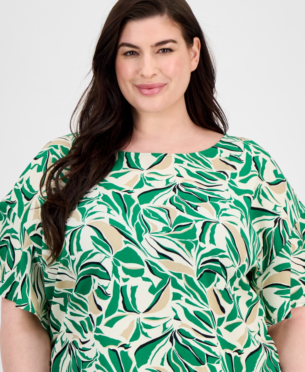Anne Klein Plus Size Printed Flutter-sleeve Blouse