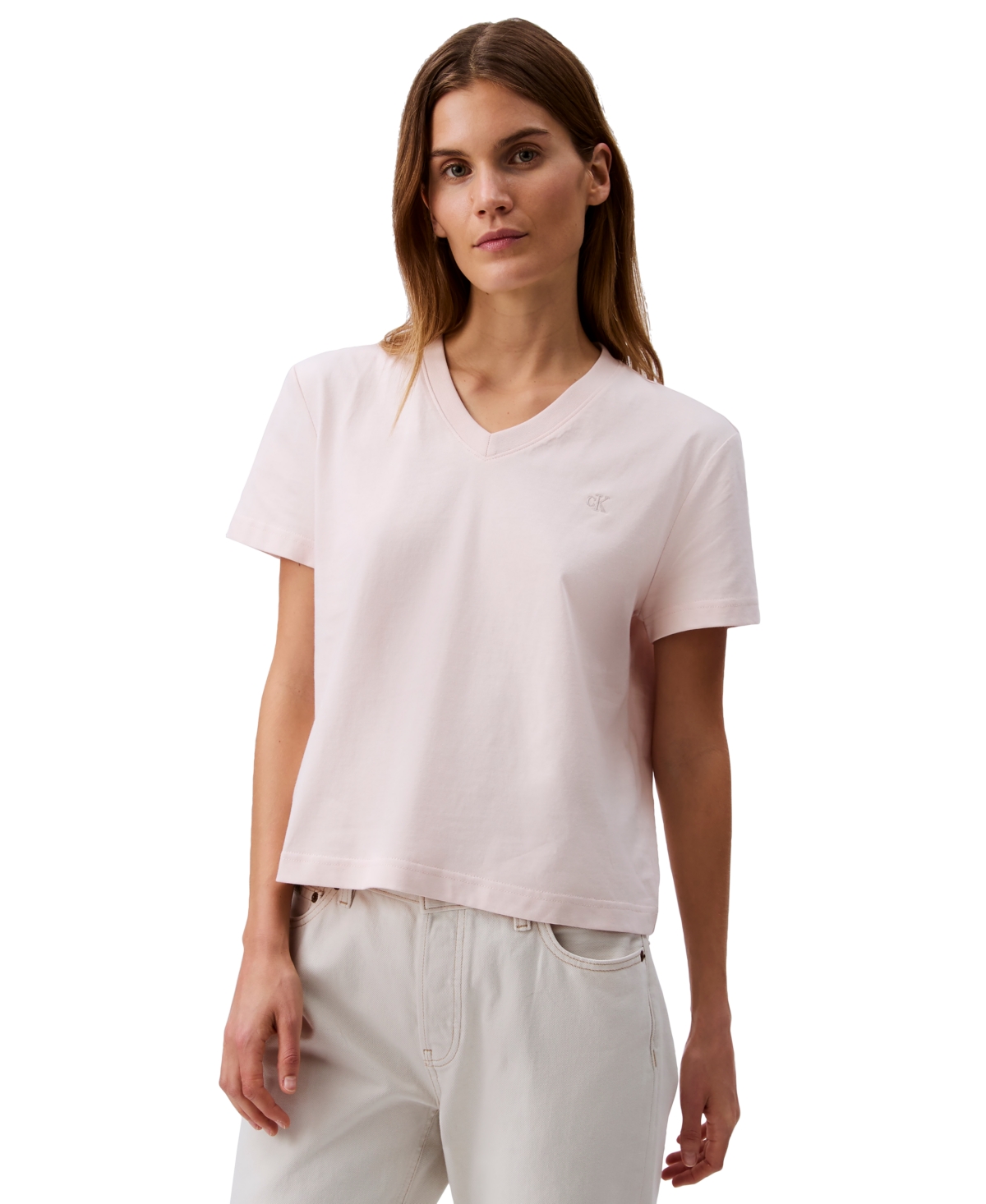 Women's V-Neck Embroidered Logo T-Shirt - Silver Peony