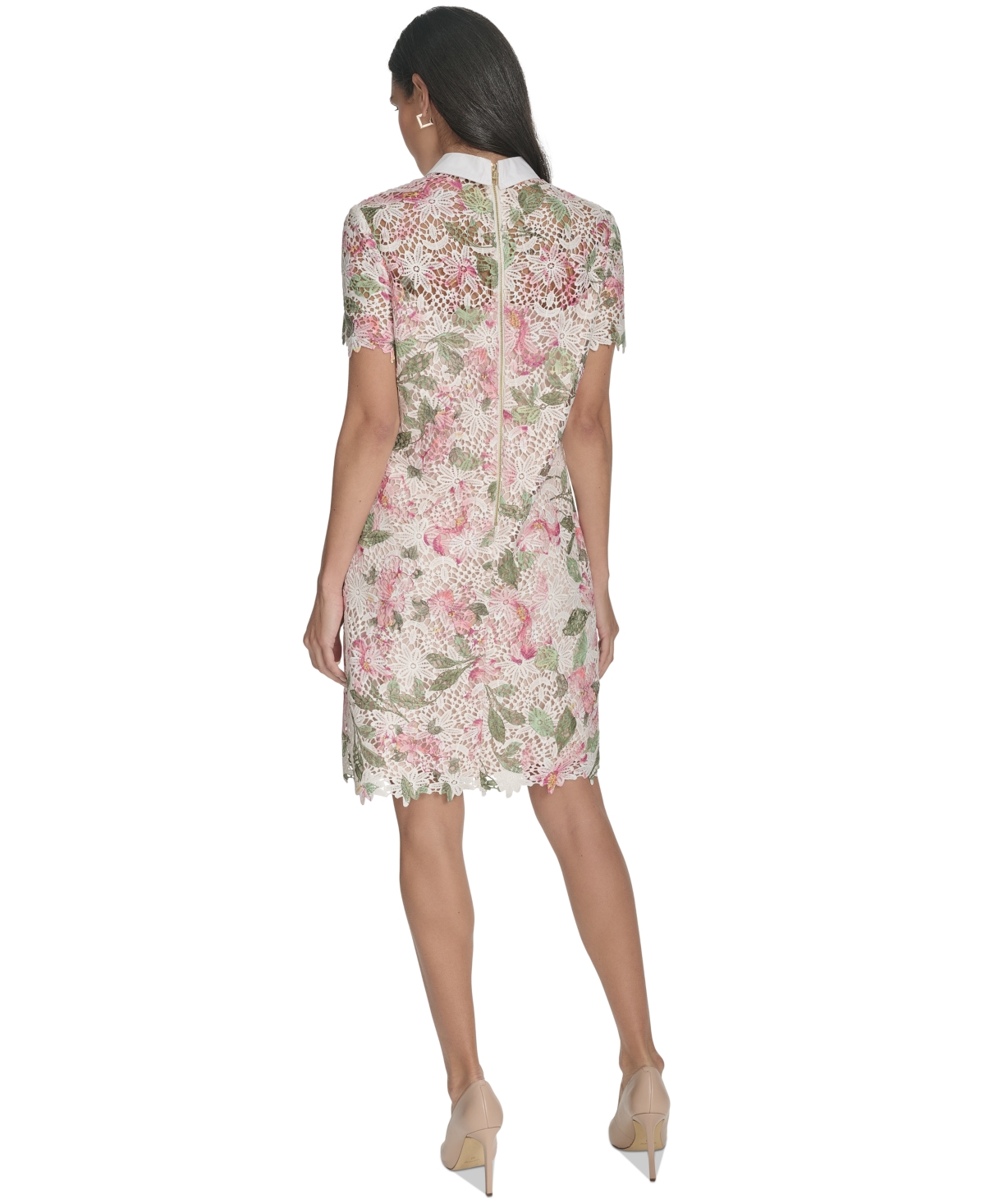 HALSTON WOMEN'S COLLARED FLORAL LACE SHIFT DRESS 
