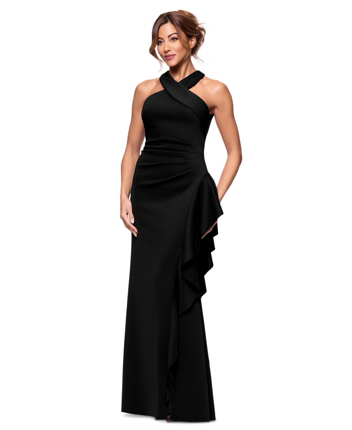 Xscape Women's Crisscross Halter Side-ruffled Gown In Black