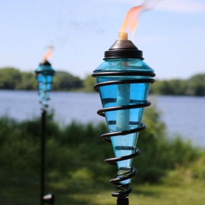 Outdoor Adjustable Height Glass and Metal Swirl Patio and Lawn Torch Set