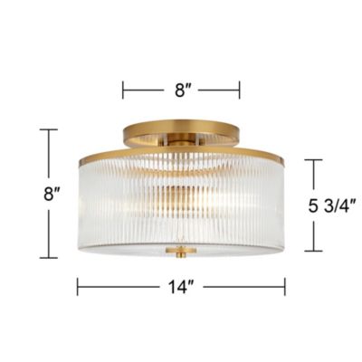 McKenzie 14" Mid Century Modern 2-Light Semi Flush-Mount Ceiling Light Fixture Kitchen Foyer Hallway Drum Round Warm Brass Finish Ribbed Glass Metal Bedroom Bathroom Entryway - Possini Euro Design
