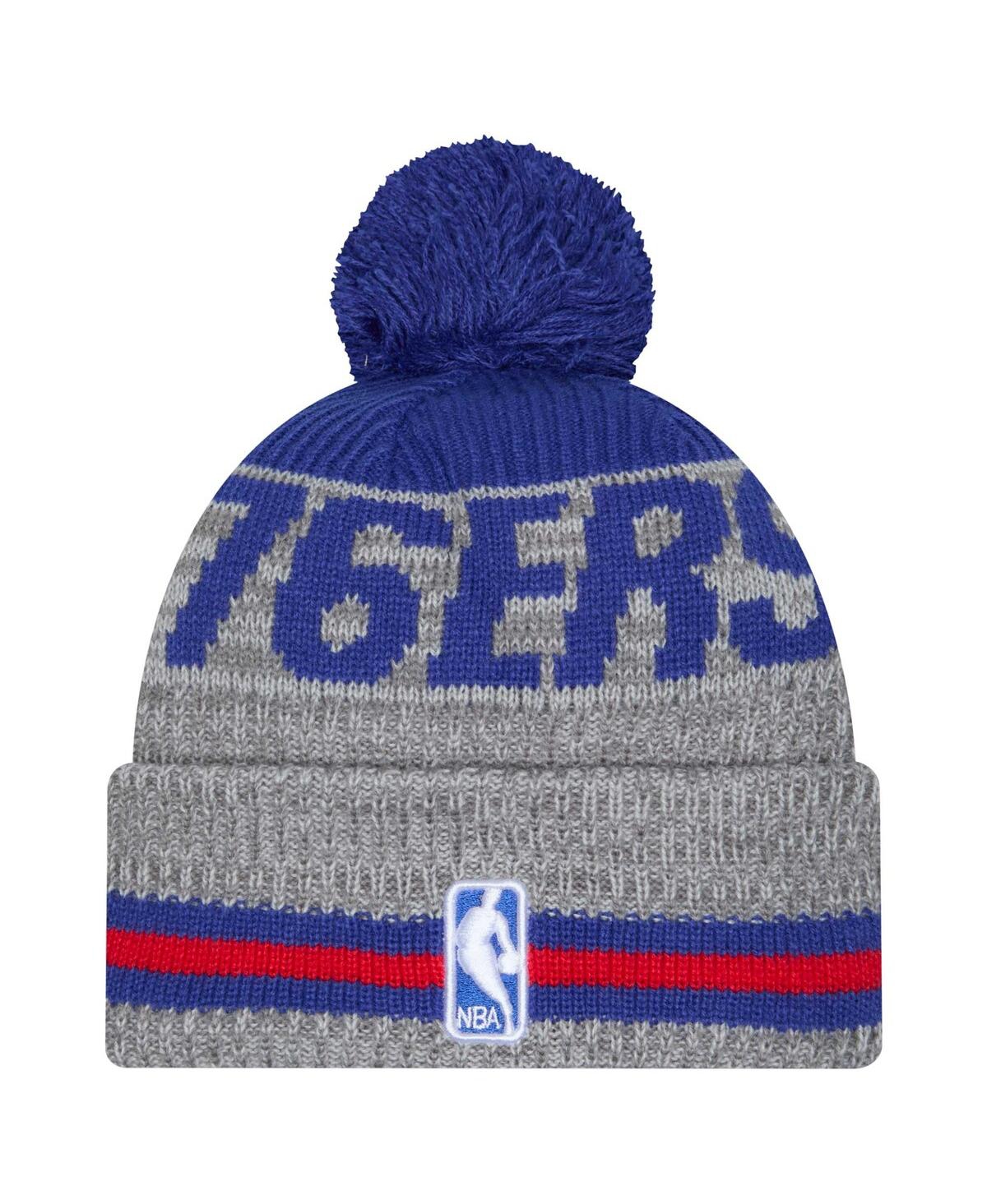 NEW ERA MEN'S GRAY PHILADELPHIA 76ERS SPORT NIGHT RUNNER CUFFED WITH POM KNIT HAT 