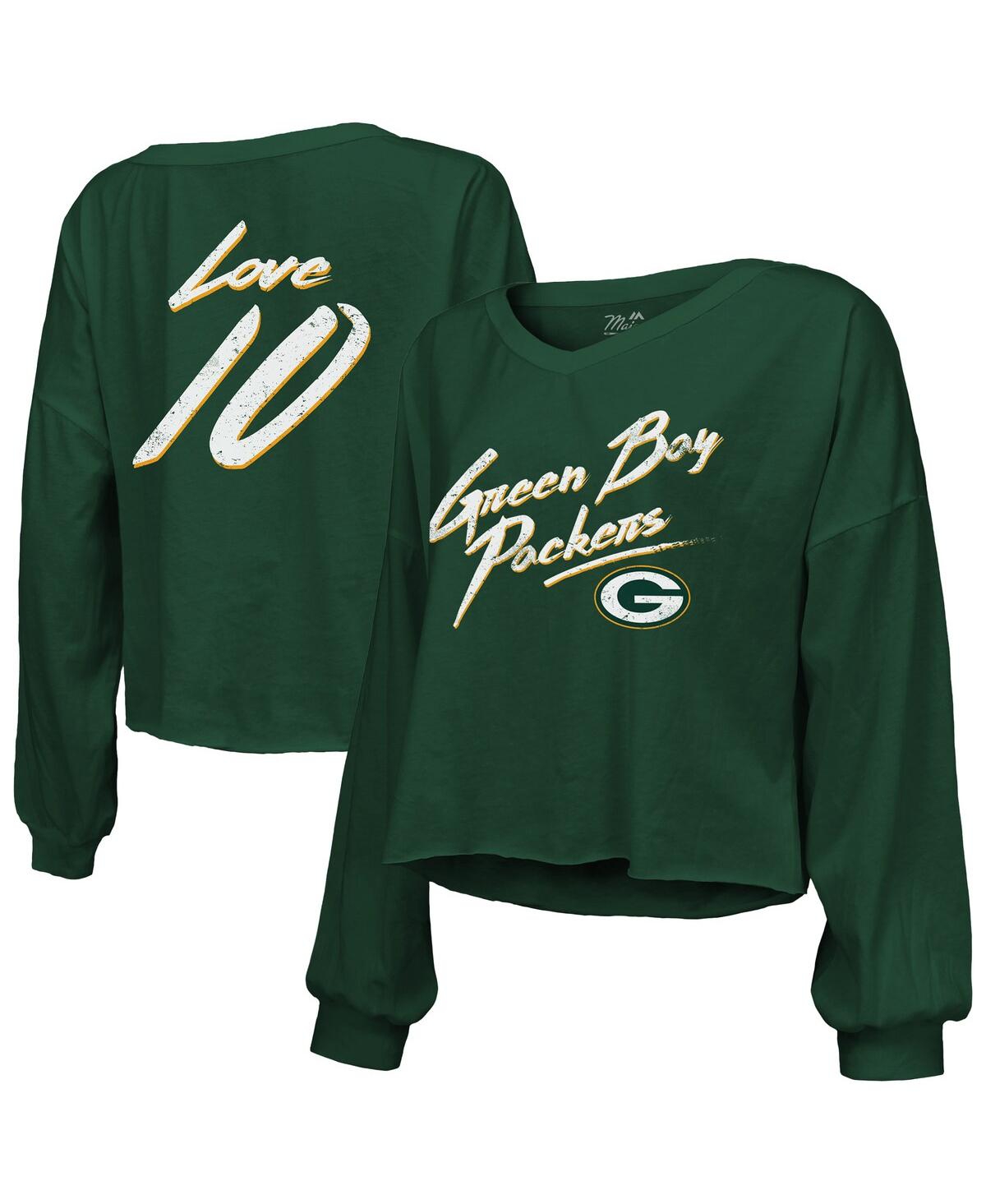Women's Jordan Love Green Green Bay Packers Name Number Off-Shoulder Script Cropped Long Sleeve V-Neck T-Shirt - Green