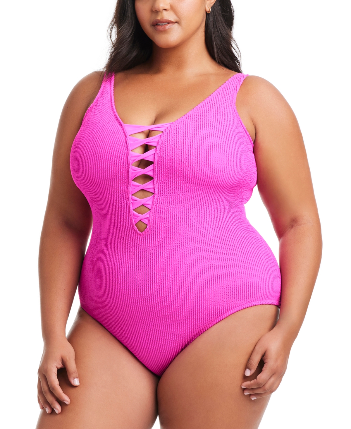 BLEU BY ROD BEATTIE PLUS SIZE PUCKER UP LACE-DOWN OVER-THE-SHOULDER SWIMSUIT 