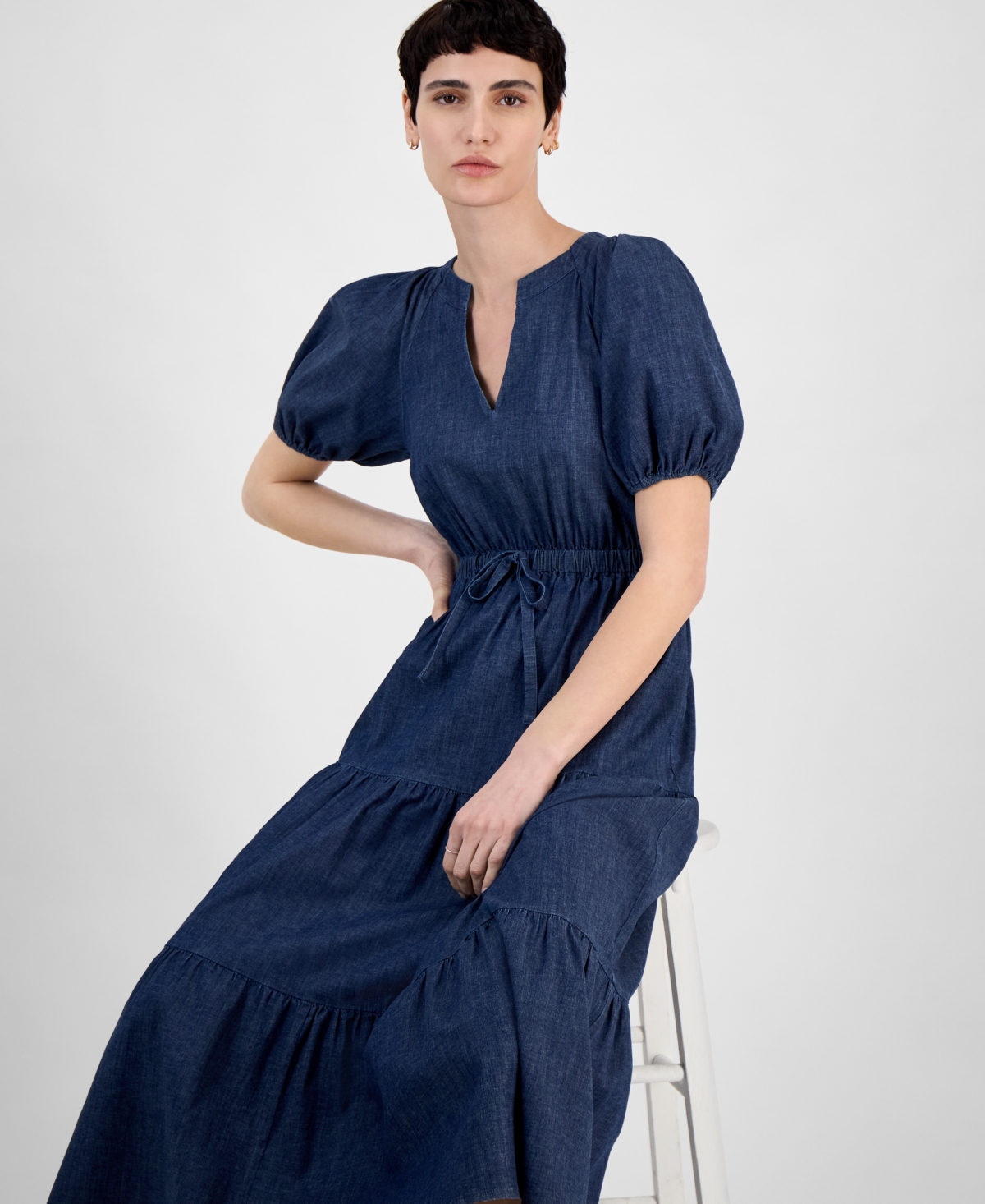 Anne Klein Petite Puff-sleeve Tiered Denim Midi Dress In Blue