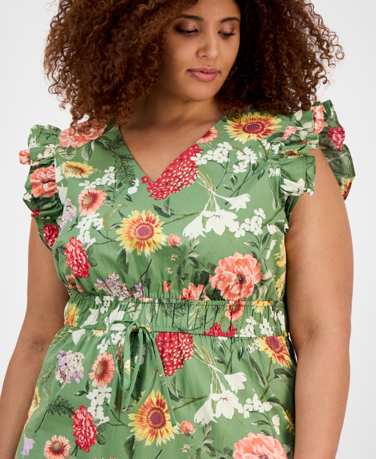 Anne Klein Printed Poplin Drawstring Maxi Dress In Green
