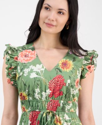 Anne Klein Women's Printed V-Neck Drawstring Maxi Dress - Macy's