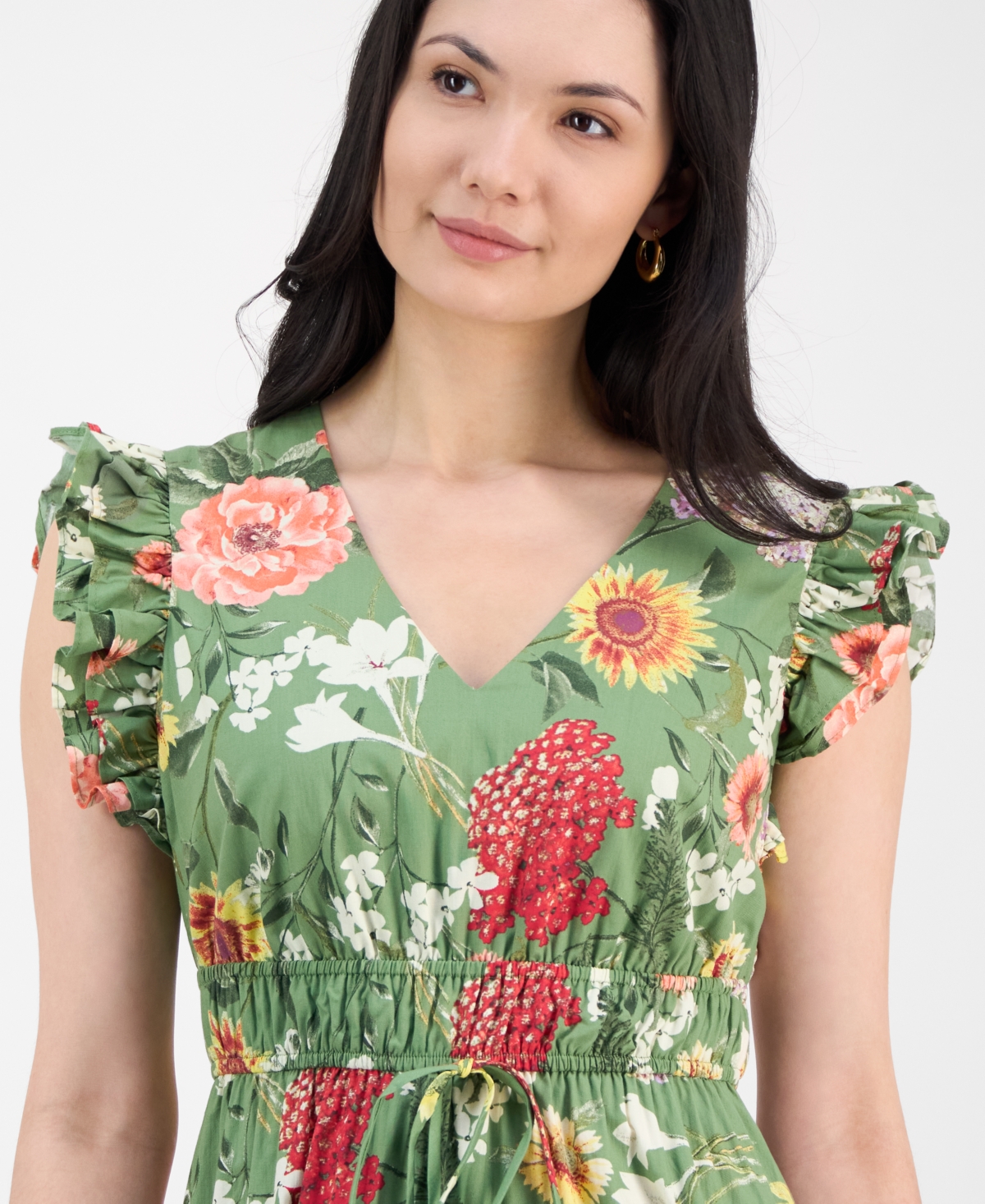Anne Klein Printed Poplin Drawstring Maxi Dress In Green