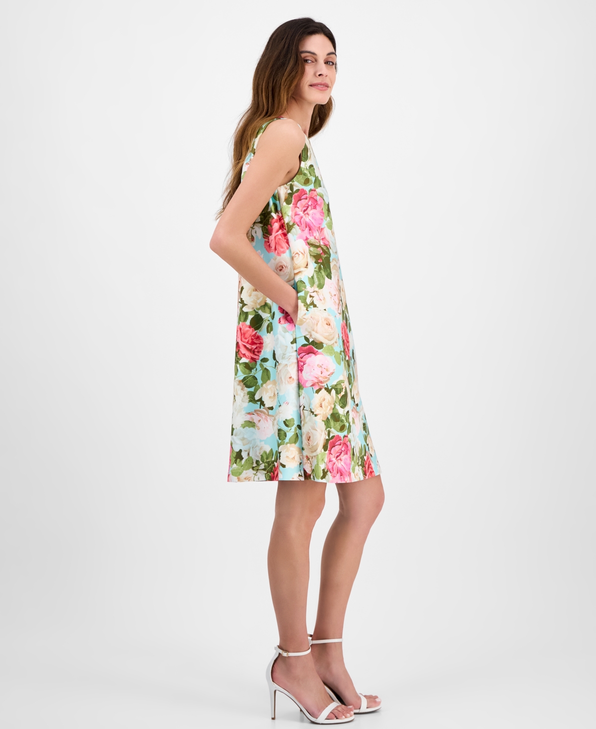 Anne Klein Floral Print Sleeveless Shift Dress In Eggshell Blue Multi