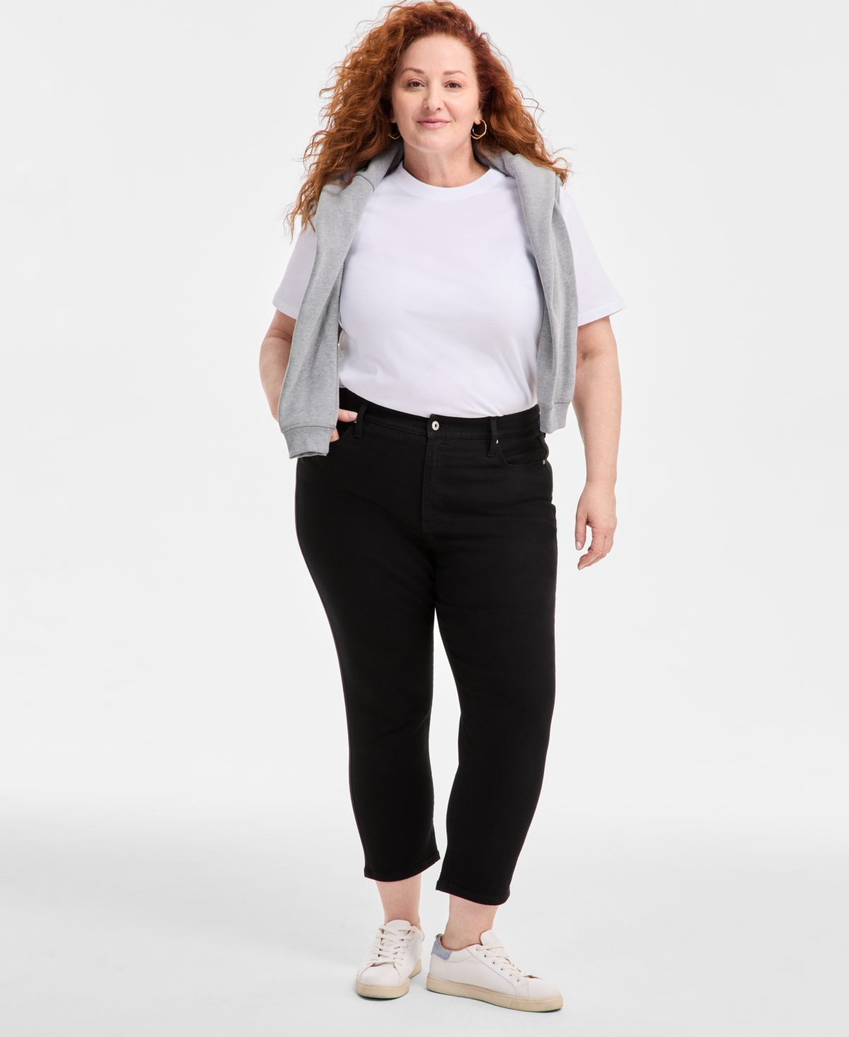 Plus Size High-Rise Cropped Straight-Leg Jeans, Exclusively at Macy's - Deep Black