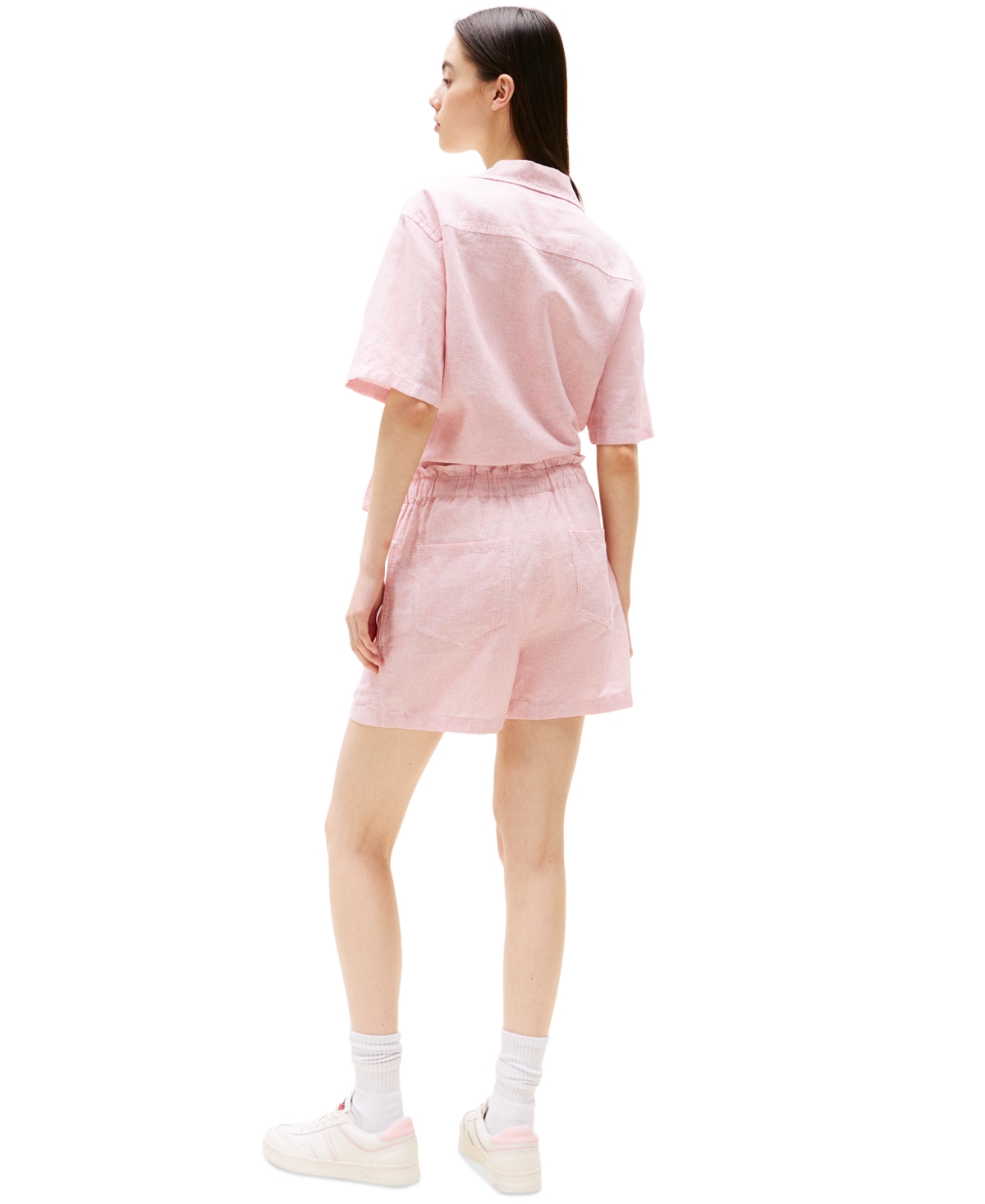 Tommy Jeans Womens Cotton Linen Short Sleeve Shirt Cotton Linen Drawstring Shorts In Precious Pink,stripe