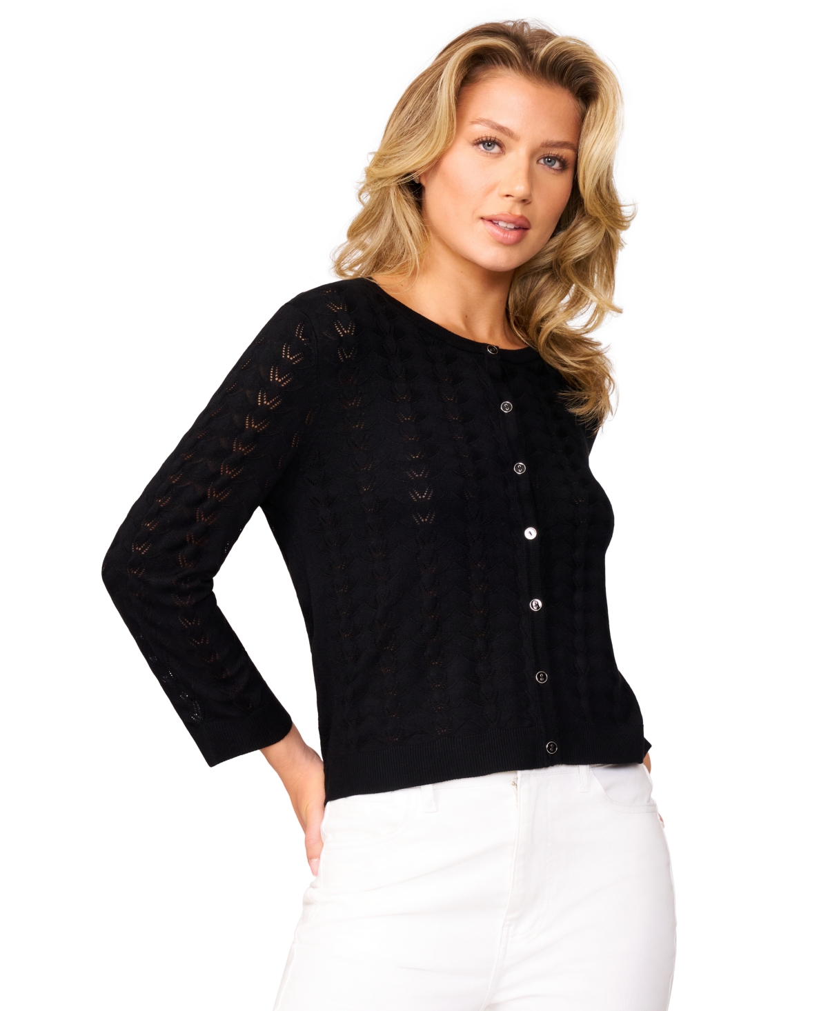 Women's Pointelle-Knit Crewneck Cardigan - Riverside
