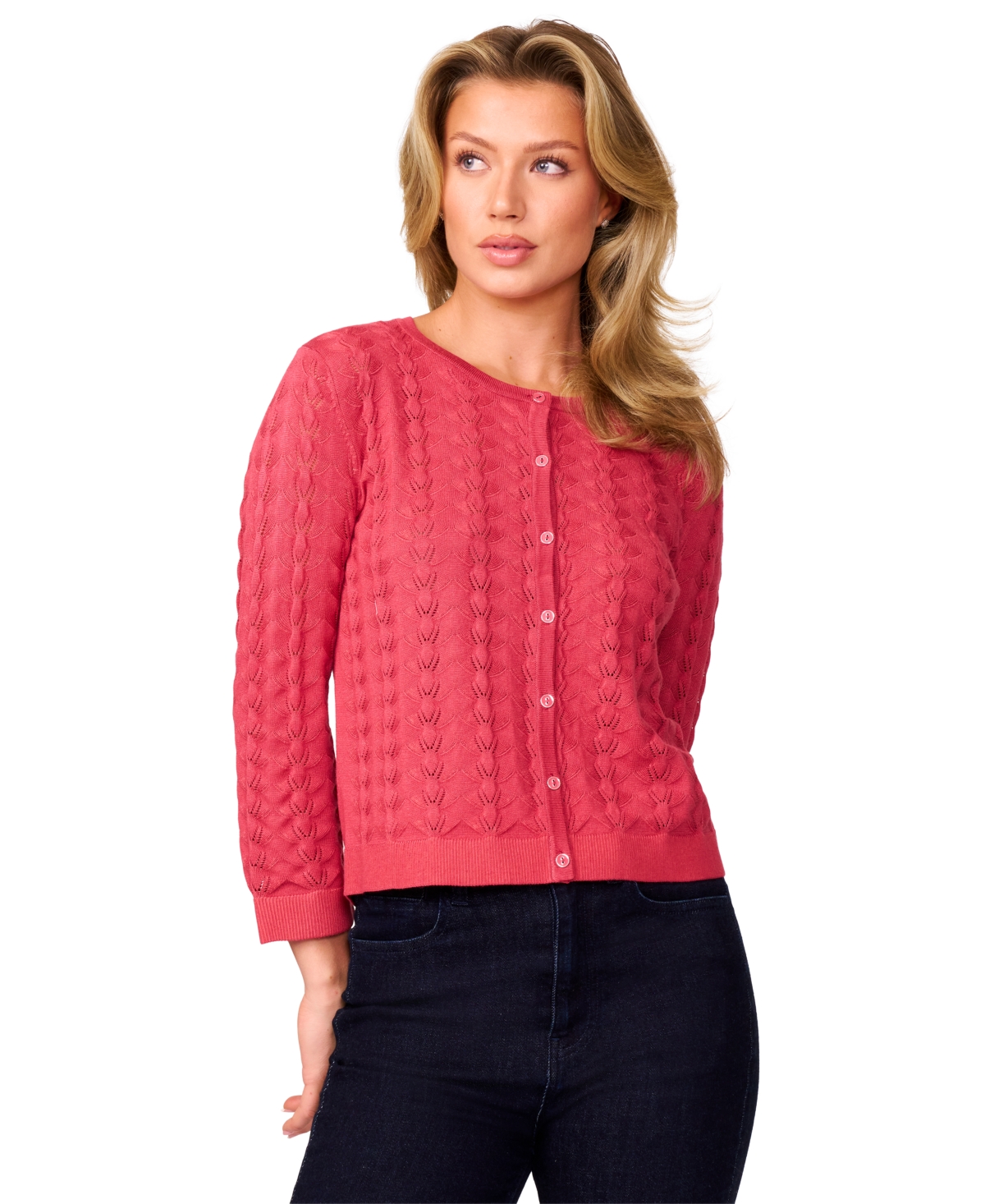 Women's Pointelle-Knit Crewneck Cardigan - Baroque Rose