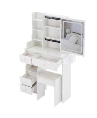 50.40"Small Size Left Drawer Desktop Vanity Table + Cushioned Stool, 2 AC+2 USB Power Station, Hair dryer bracket,White