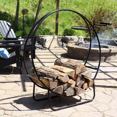 Indoor/Outdoor Steel Round Fire Pit or Fireplace Firewood Log Hoop Rack Holder - Black