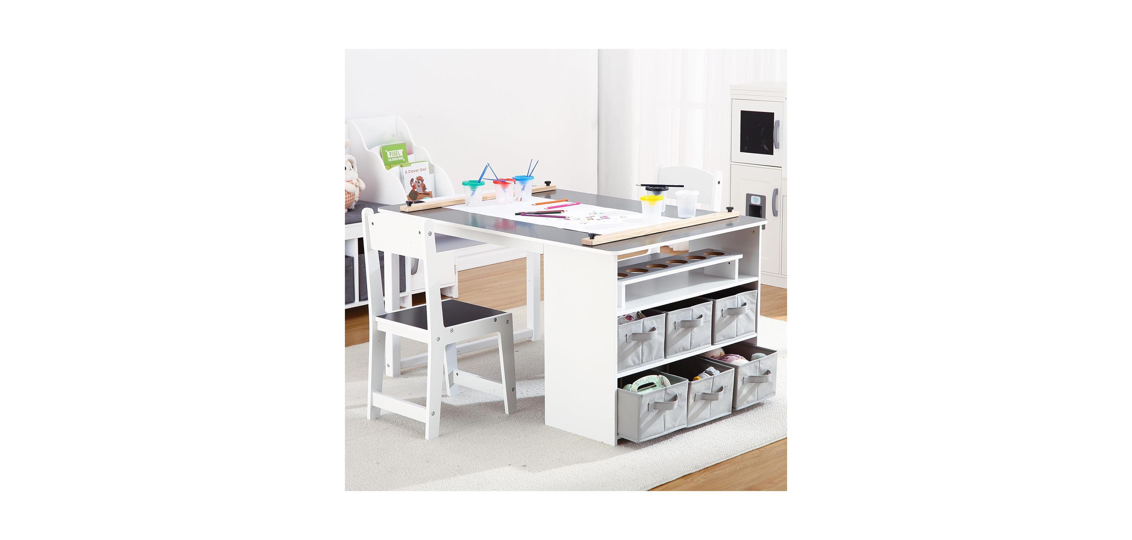 Kids Art Table and 2 Chairs,Toddler Craft and Play Wood Activity Table with Storage Bins, Drawing Desk, Kids Activity Table and Study Table, Activity