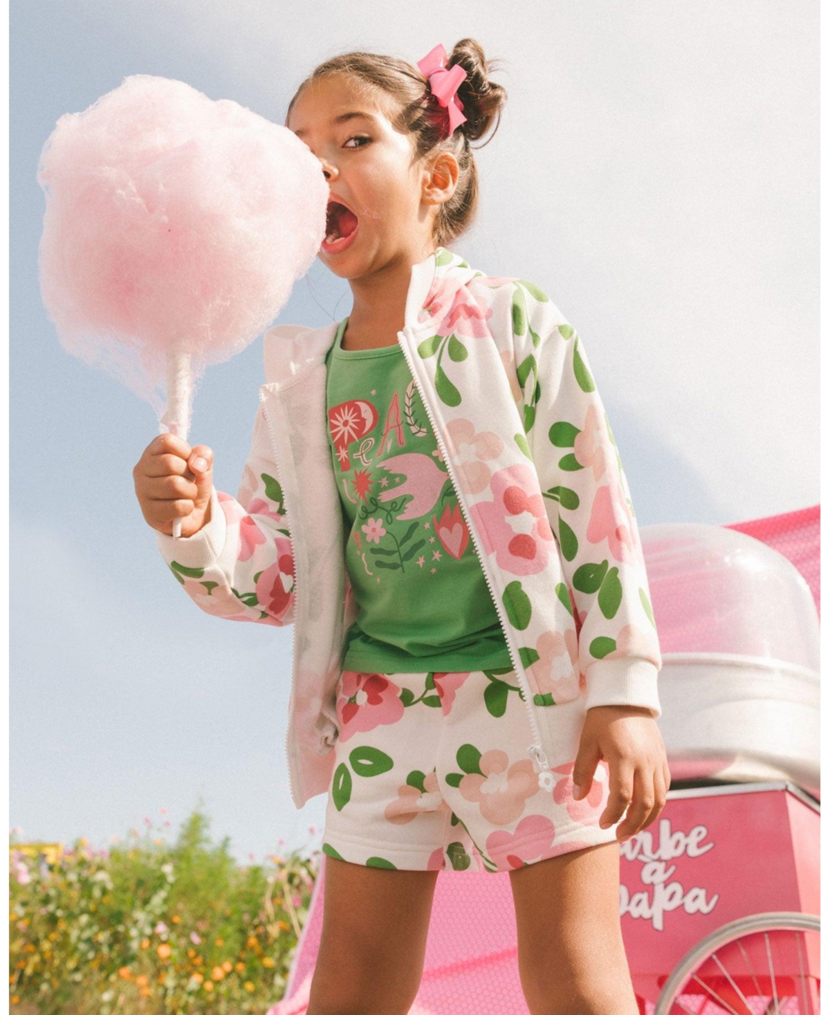 Deux par Deux Toddler Girls Printed French Terry Short Pink Flowers On White Background - Toddler|Child