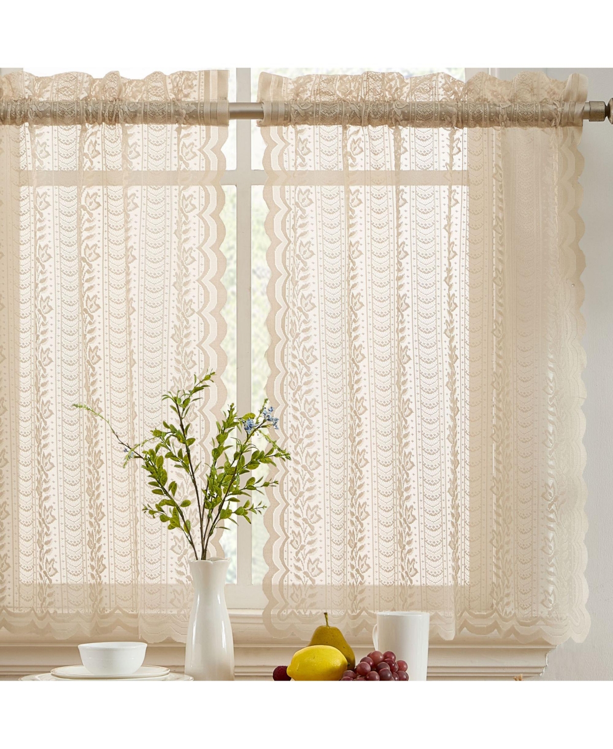 Sophia Floral Rod Pocket Lace Semi Sheer Voile Short Cafe Tiers for Small Windows - 28 x 36 Inch Length (Taupe Tiers, Set of 2) - Taupe