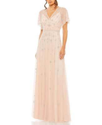 Women's V-Neck Embellished Flutter Sleeve A Line Gown