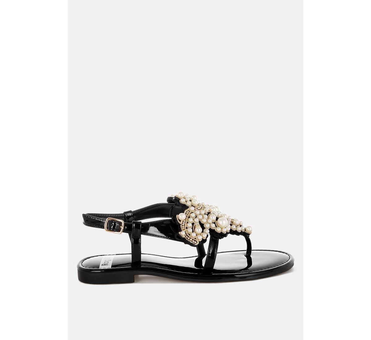 Zalata Pearl Studded Flats - Black
