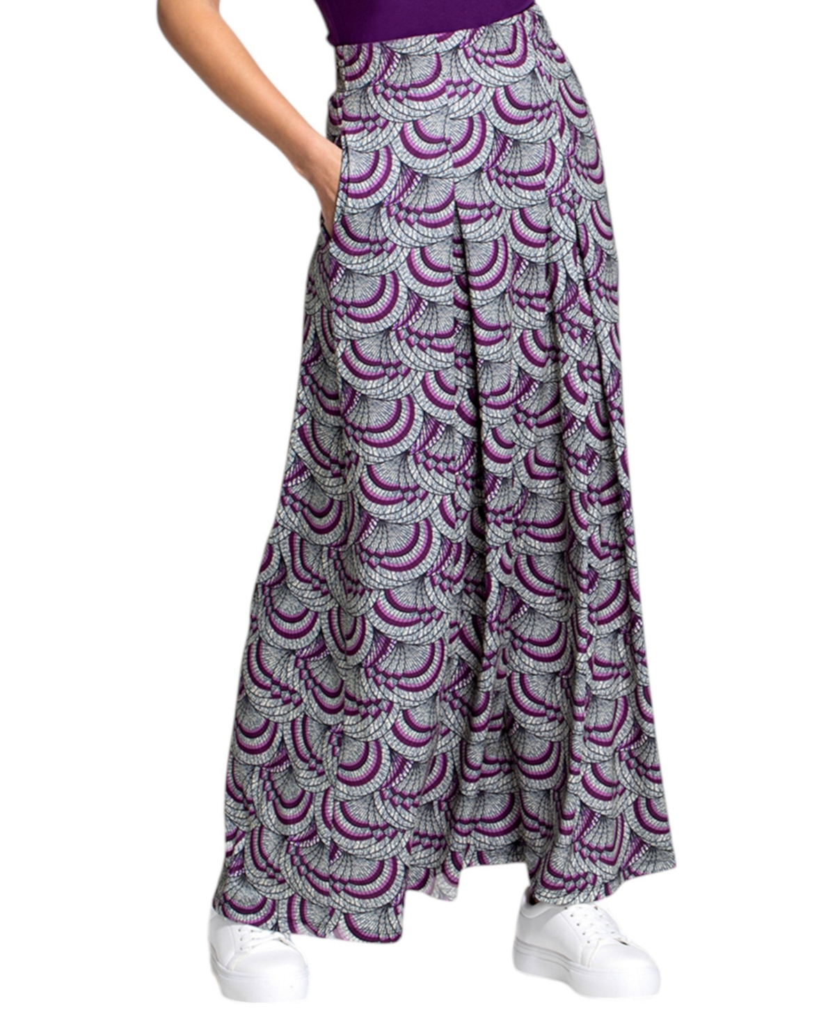Women's Box Pleat Maxi Skirt - Purple kimono print