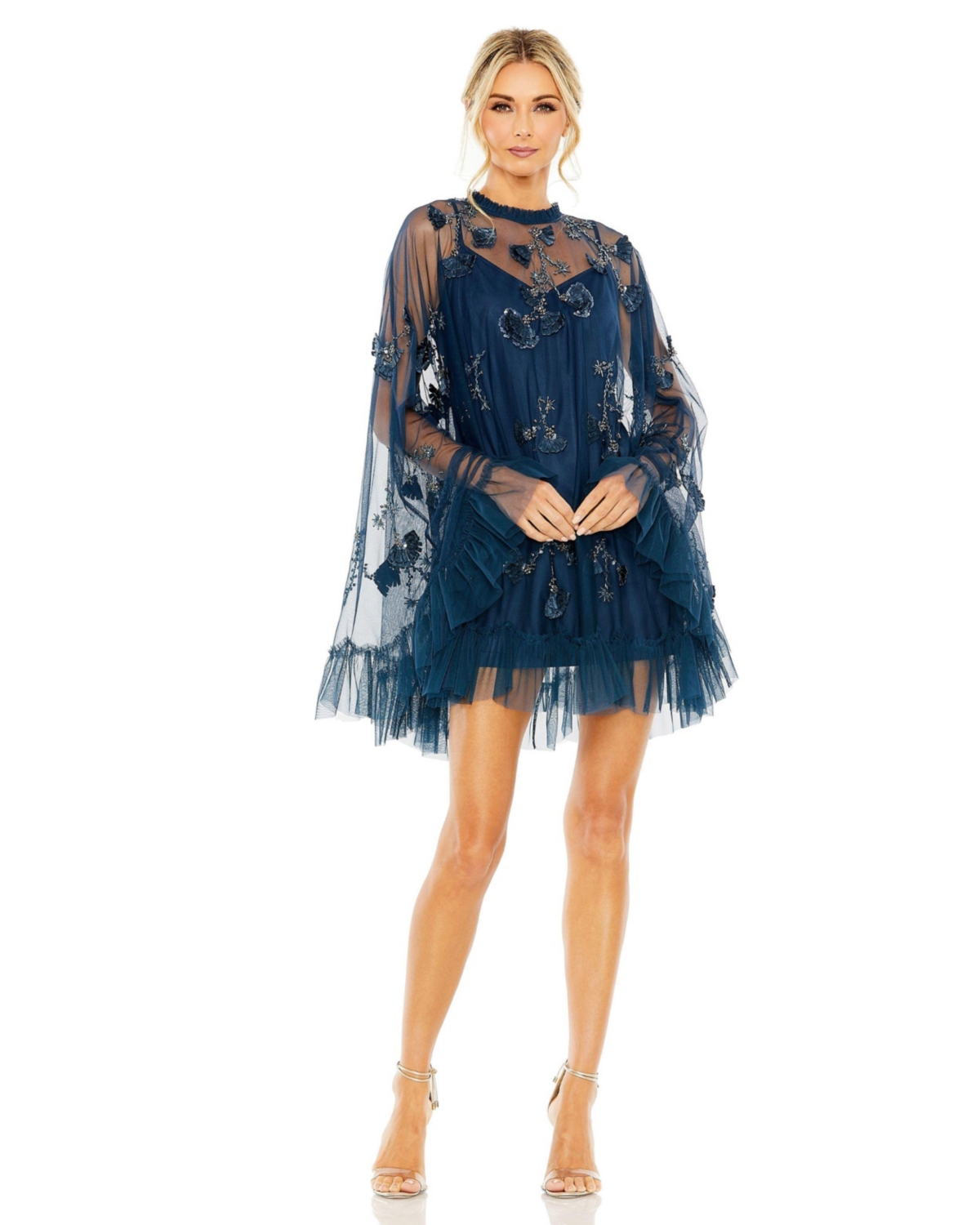 Women's Embellished Long Flare Sleeve Mesh A-Line Dress - Twilight
