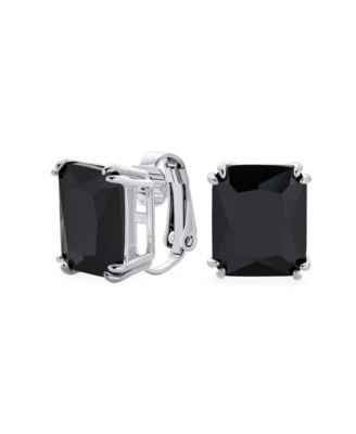 Rectangle Shape Statement Emerald Cut CZ Solitaire Clip On Stud Earrings Rhodium Plated Brass Non Pierced x