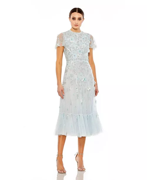 women's embellished high neck cap sleeve a line dress