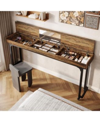 Overbed Table with Wheels, Mobile Computer Desk Makeup Vanity Desk with Storage, Standing Laptop Cart, Over Bed Makeup Table with Mirror, Vanity Desk for Bedroom, Rustic Brown