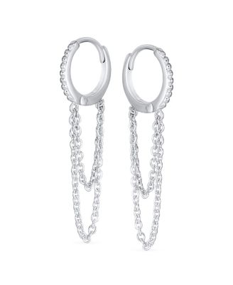 Trendy Dainty CZ Hoop Earrings with Pave Accent and Double Chain in Sterling Silver