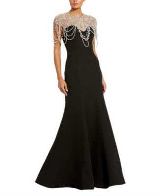 Women's Draped Pearl Beaded Mermaid Gown
