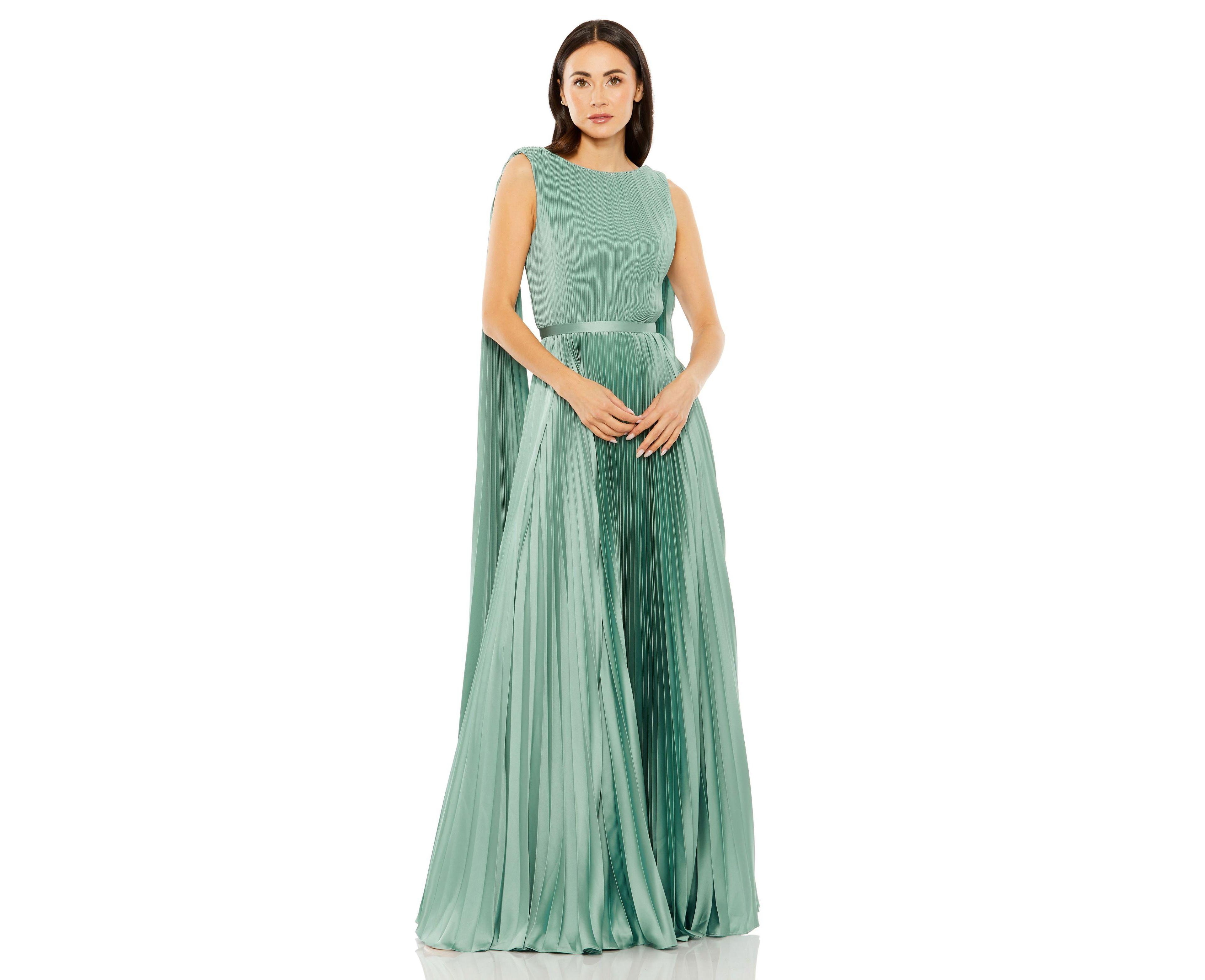 Mac Duggal Women's Sleeveless High Neck Cape Back Heat Pleated Gown