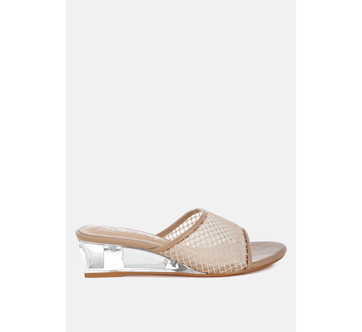 Tempra Mesh Clear Heel Wedge Sandals - White