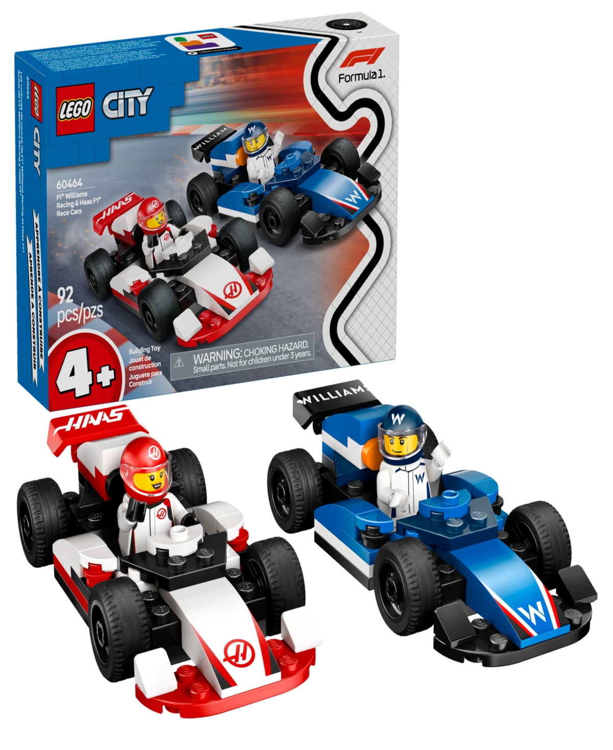 LEGO CITY F1 WILLIAMS RACING AND HAAS F1 RACE CARS BUILDING TOY 60464, 92 PIECES 