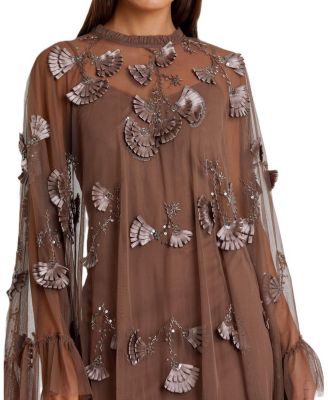 Women's Embellished Long Flare Sleeve Mesh A-Line Dress