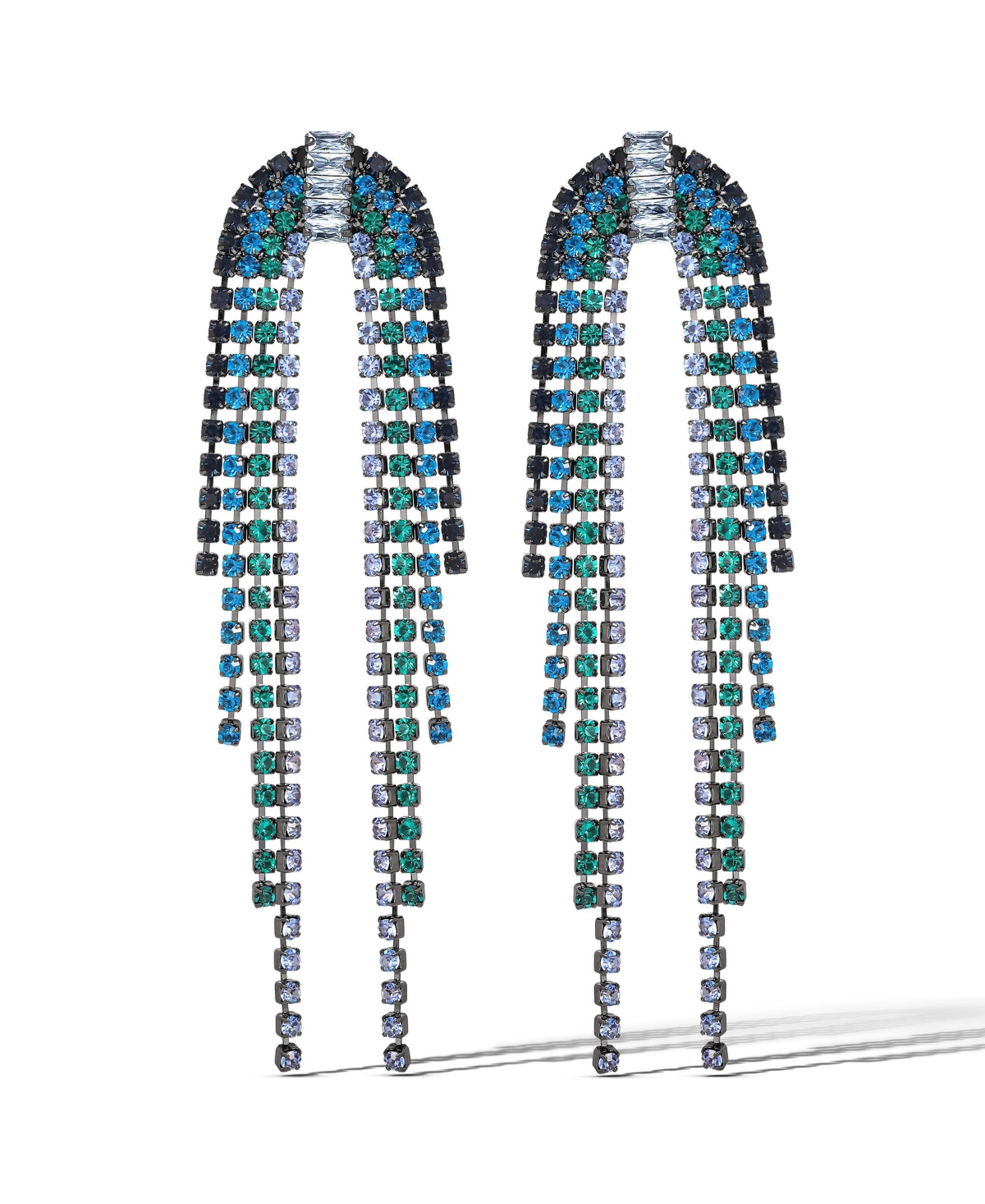 Dark Teal Rhinestone Cascading Fringe Earrings - Statement Long Dangle Earrings - Blue, silver tone