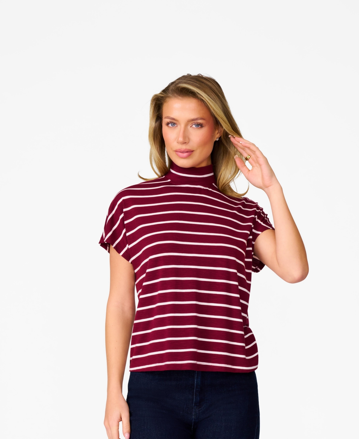 Women's Super Soft Mock Neck Top - Tawny port and white stripe