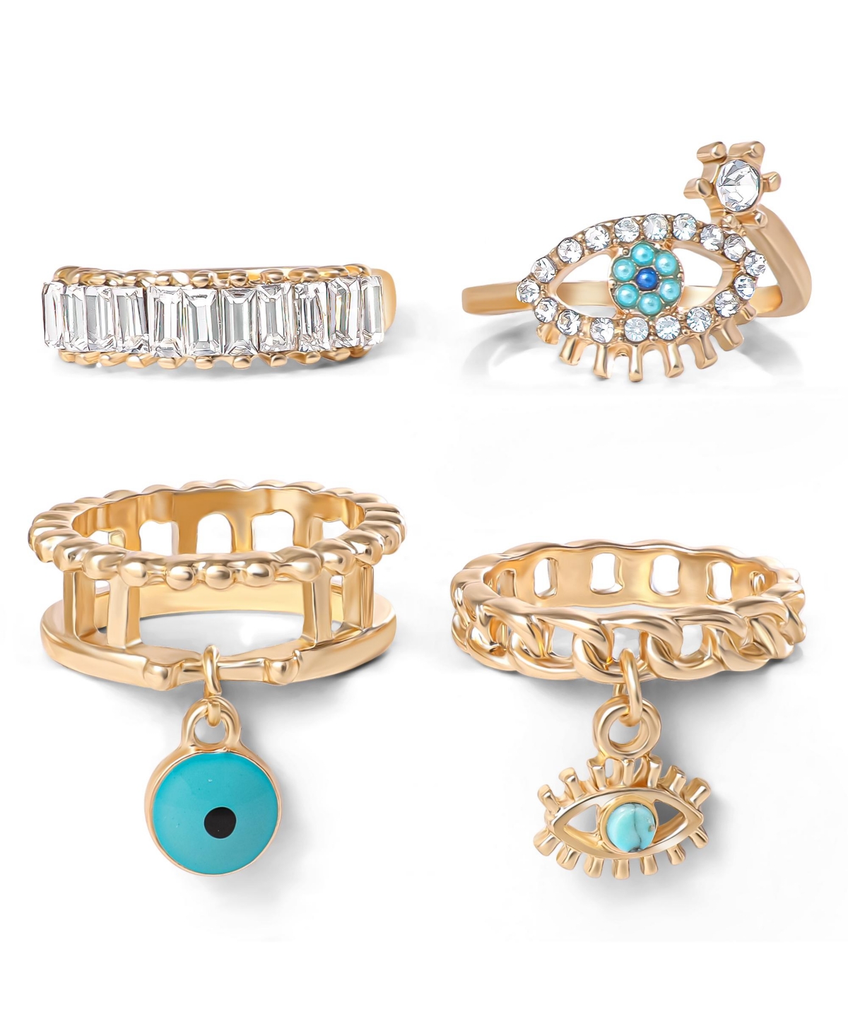 4-Piece Charm Ring Set with Turquoise Accents - Size 7 - Gold tone, blue