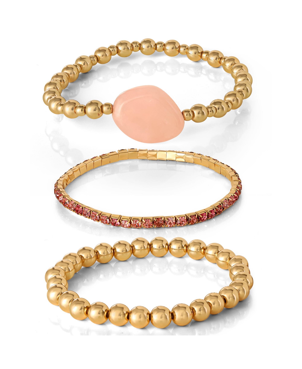 3-Piece Beaded Stretch Bracelet Set - Gemstone & Gold-Tone Accents - Pink