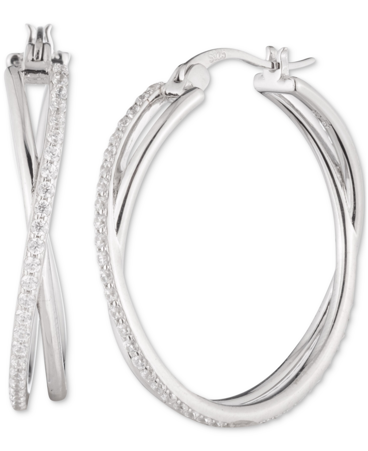 Ralph Lauren Sterling Silver Cubic Zirconia Pave Medium Hoop Earrings, 1.3" In Crystal,silver