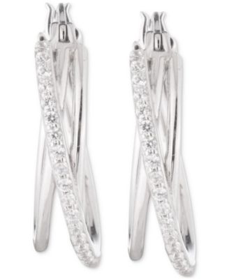 Sterling Silver Cubic Zirconia Pav&eacute; Small Hoop Earrings, 1"