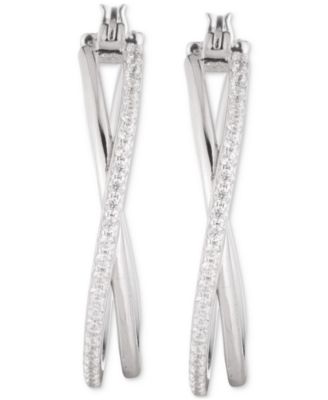 Sterling Silver Cubic Zirconia Pav&eacute; Medium Hoop Earrings, 1.3"