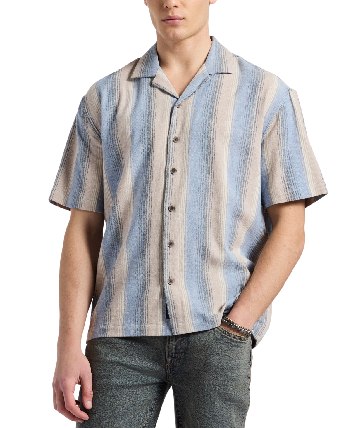 Men's Salaman Short Sleeve Button-Front Striped Camp Shirt - Moonlight Blue