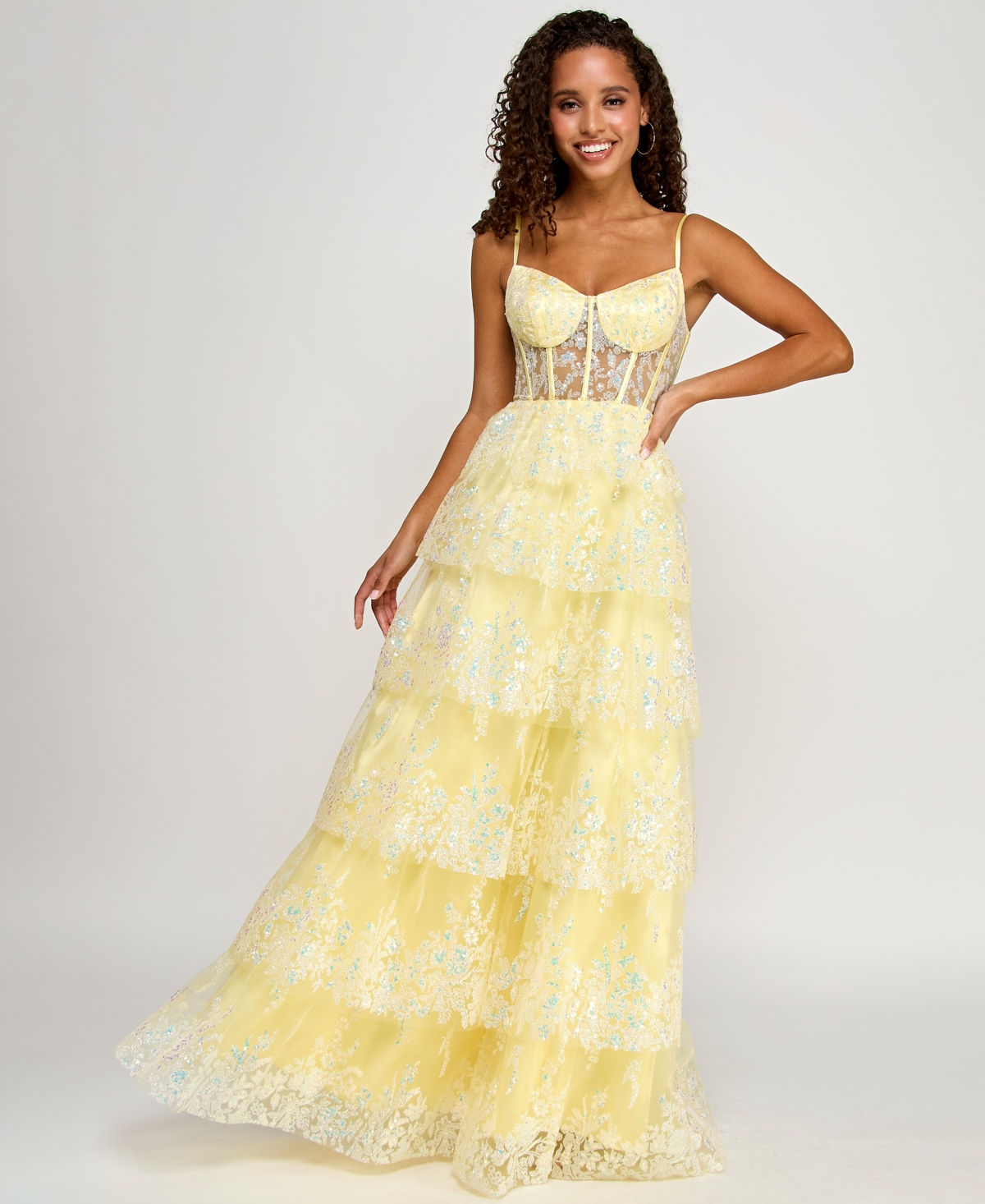 Juniors' Embellished Ruffled Sleeveless Ball Gown, Created for Macy's - Light Yellow