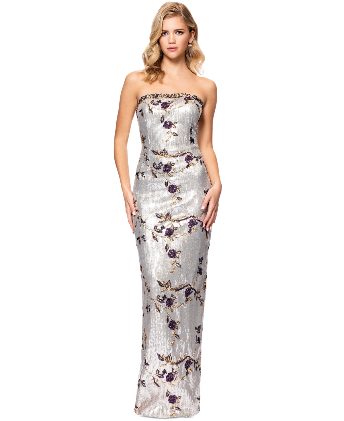 BETSY & ADAM WOMEN'S FLORAL SEQUINED STRAPLESS GOWN 